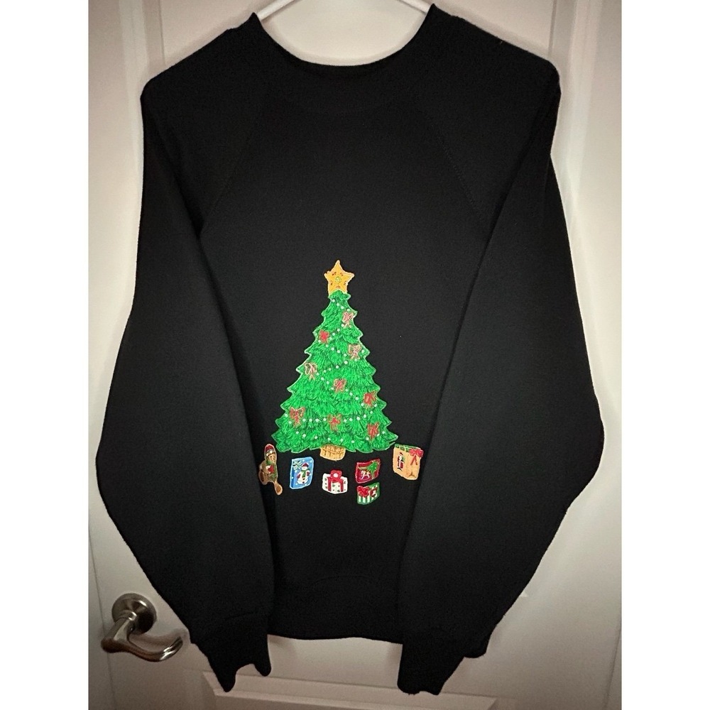 Vintage 90's Hand Made Christmas Tree Puffy Paint Crewneck Sweatshirt Sz Womens‎